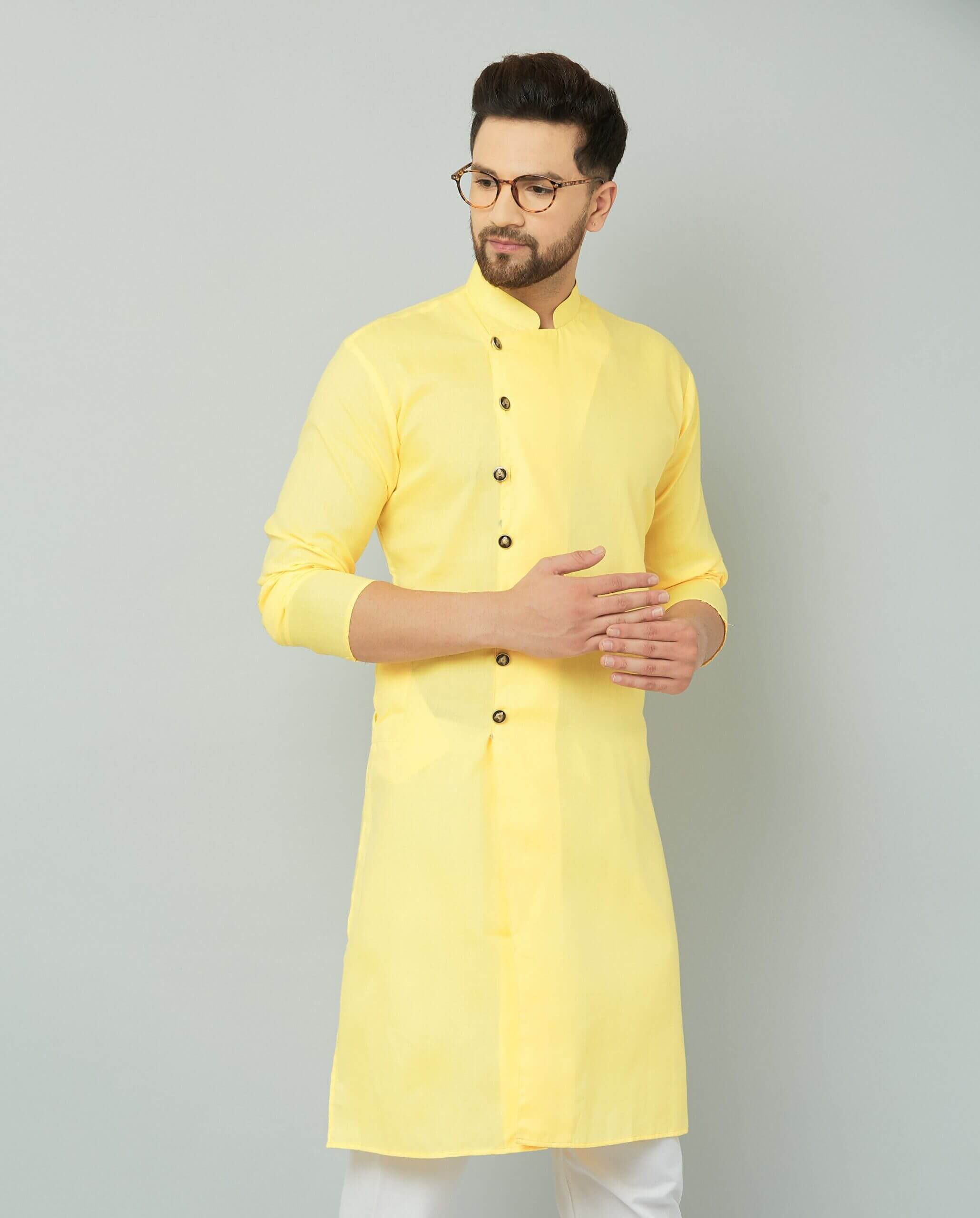 Yellow cotton kurta with solid design.