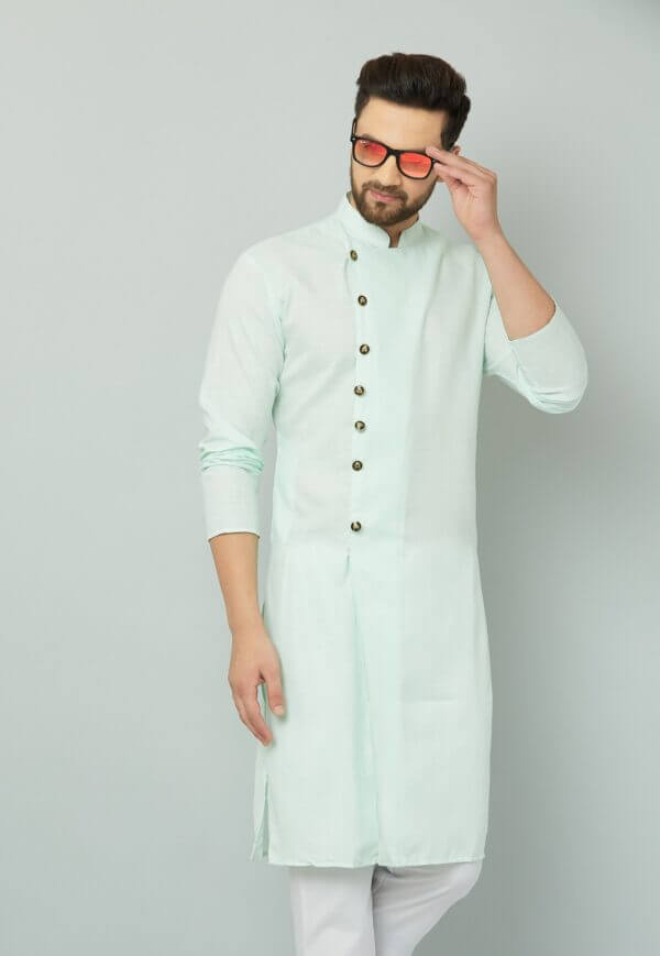Cotton mint green Indian kurta with buttoned collar.