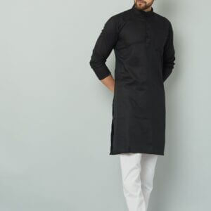 Black kurta set for men with elegant design.